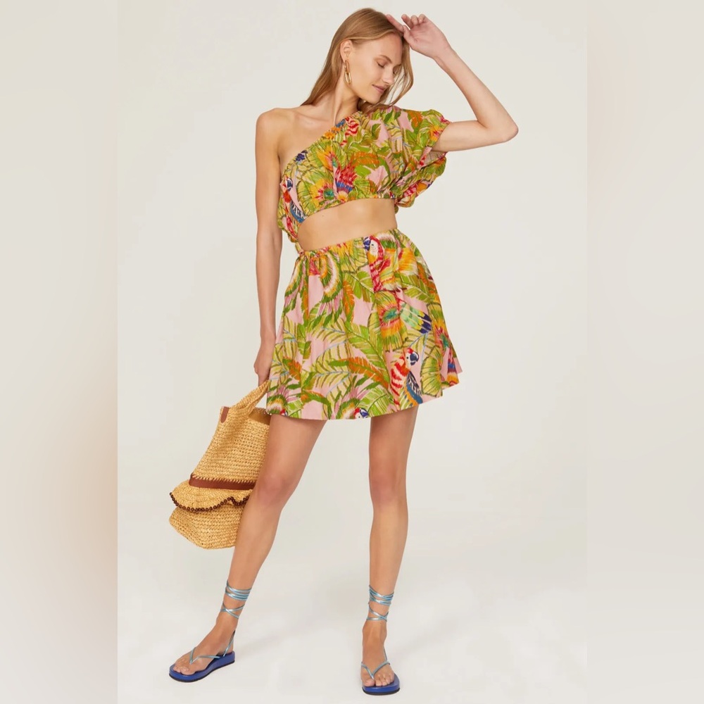 FARM Rio Pink One-Shoulder Tropical Parrot Dress